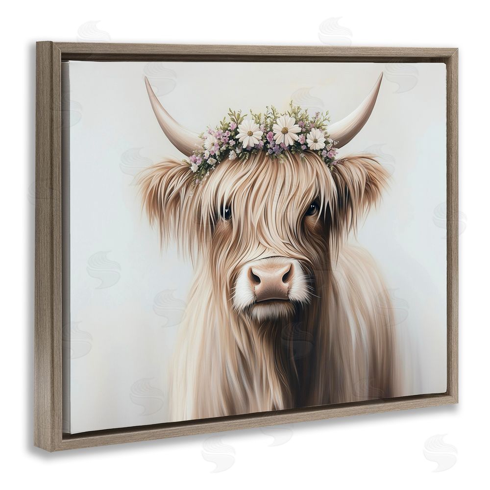 Shawna Stewart Shaggy Cattle Floral Crown Brown Floating Frame Canvas Wall Art Print