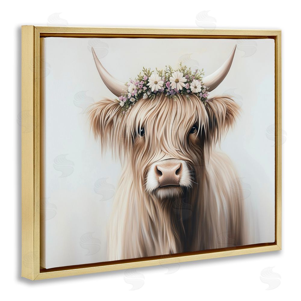 Shawna Stewart Shaggy Cattle Floral Crown Gold Floating Frame Canvas Wall Art Print