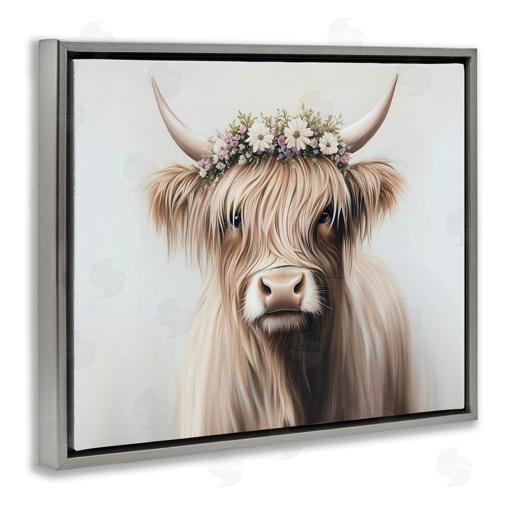 Shawna Stewart Shaggy Cattle Floral Crown Gray Floating Frame Canvas Wall Art Print