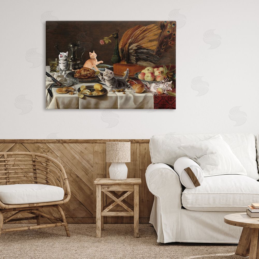 Masters Redux Kittens on Still Life Feast Stretched Canvas Wall Art Print in Room