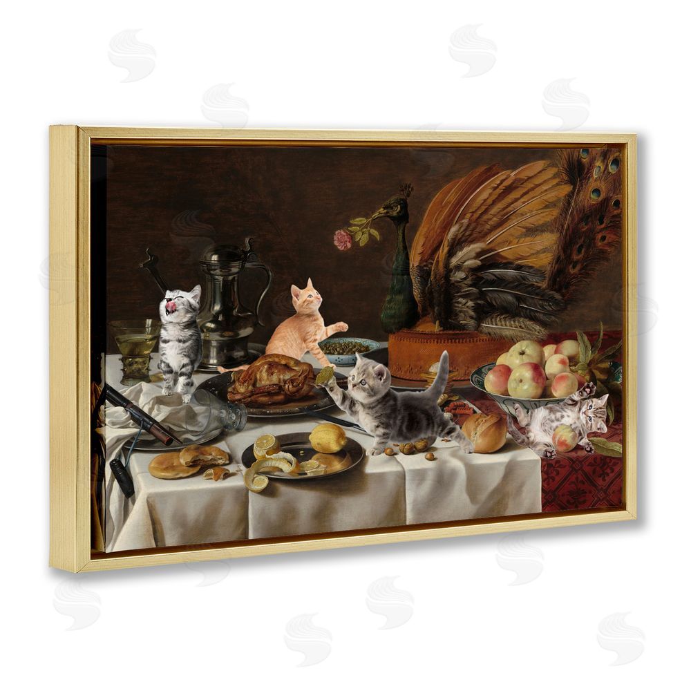 Masters Redux Kittens on Still Life Feast Gold Floating Frame Canvas Wall Art Print
