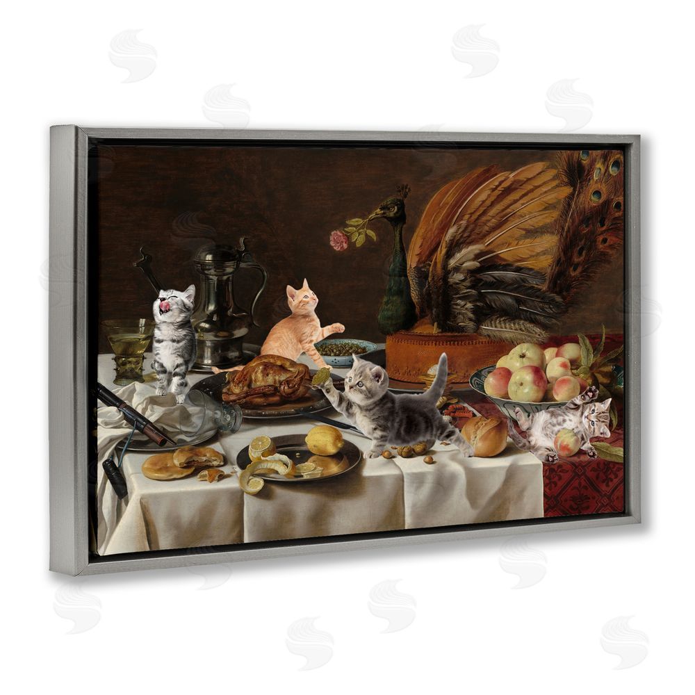 Masters Redux Kittens on Still Life Feast Gray Floating Frame Canvas Wall Art Print