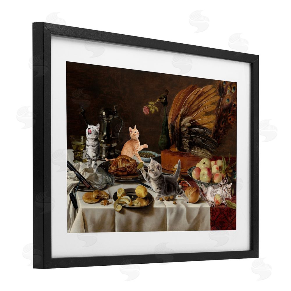 Masters Redux Kittens on Still Life Feast Black Framed Print Under Glass Wall Art