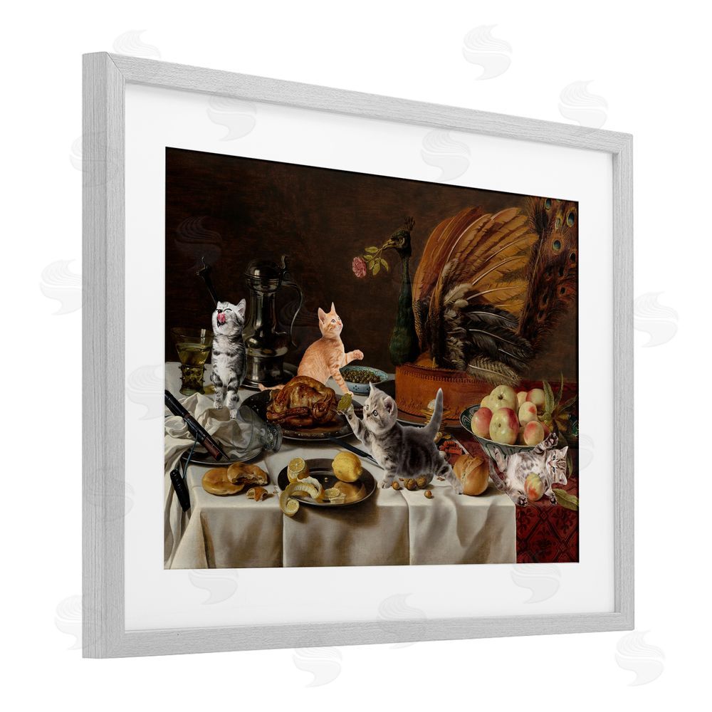 Masters Redux Kittens on Still Life Feast Gray Framed Print Under Glass Wall Art