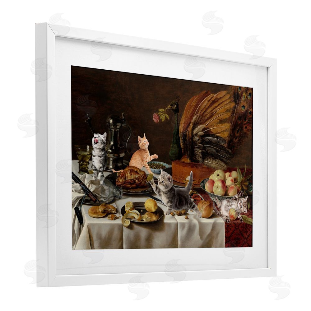 Masters Redux Kittens on Still Life Feast White Framed Print Under Glass Wall Art