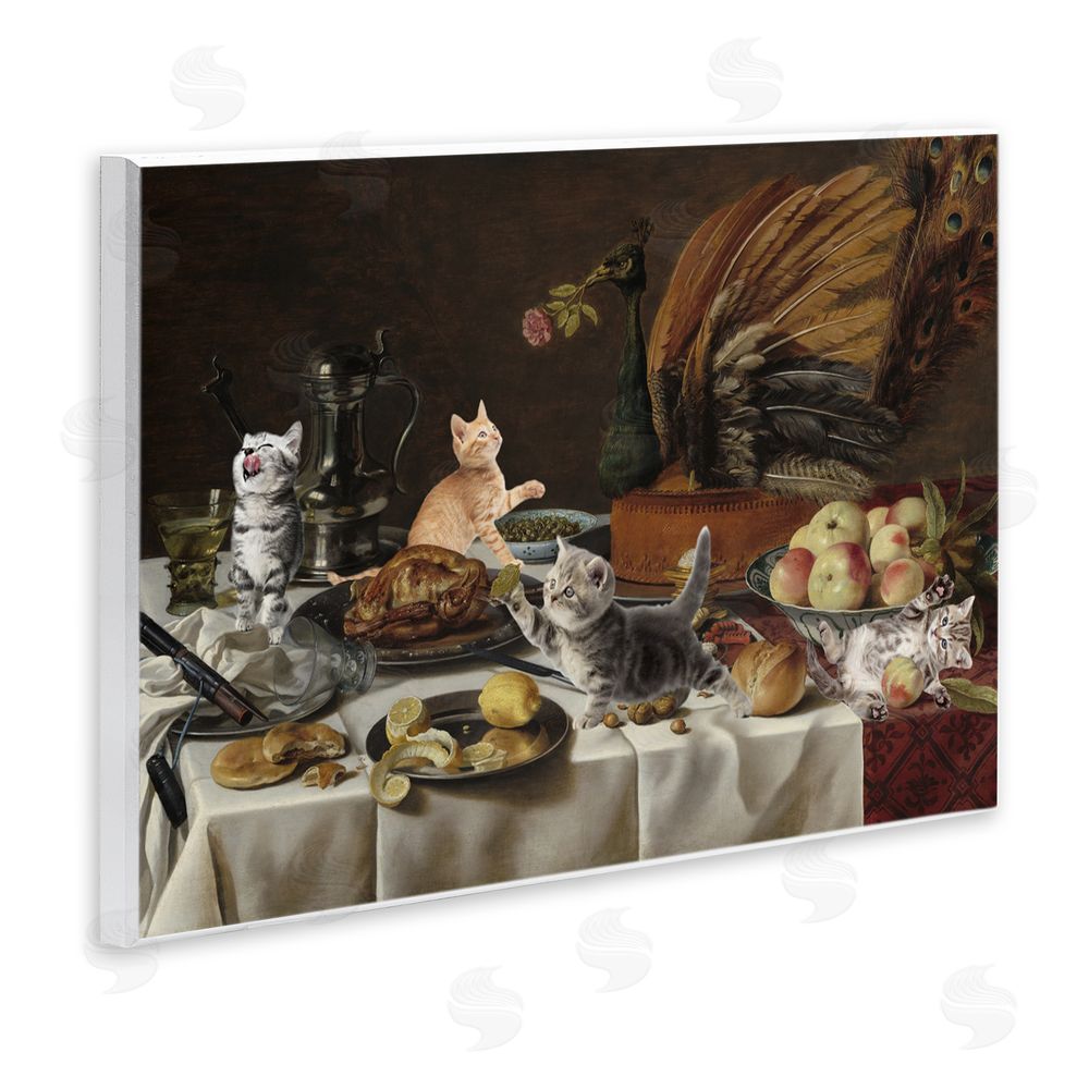 Masters Redux Kittens on Still Life Feast Wooden Wall Plaque Art Print