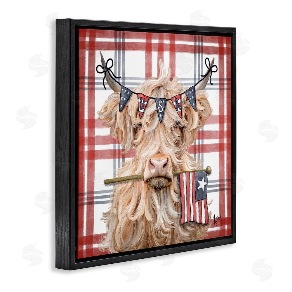 Ashley Bradley USA Plaid Highland Cattle Black Floating Frame Canvas Wall Art Print