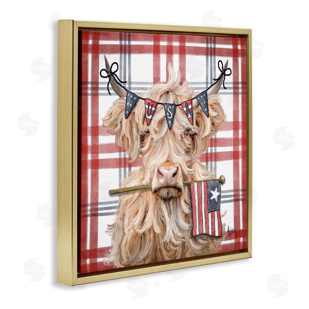 Ashley Bradley USA Plaid Highland Cattle Gold Floating Frame Canvas Wall Art Print