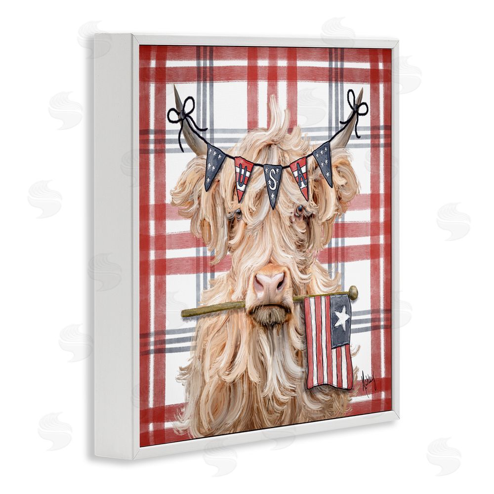 Ashley Bradley USA Plaid Highland Cattle White Framed Giclee Print Wall Art