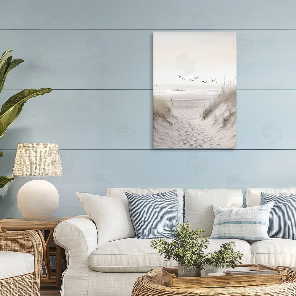 Decent Exposures Seagulls over Sandy Footprints Stretched Canvas Wall Art Print in Room