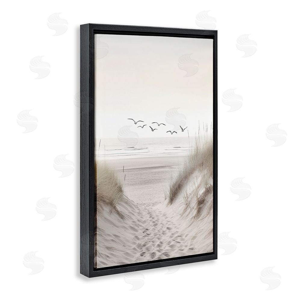 Decent Exposures Seagulls over Sandy Footprints Black Floating Frame Canvas Wall Art Print