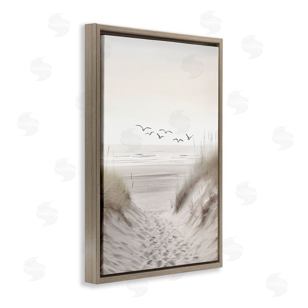 Decent Exposures Seagulls over Sandy Footprints Brown Floating Frame Canvas Wall Art Print
