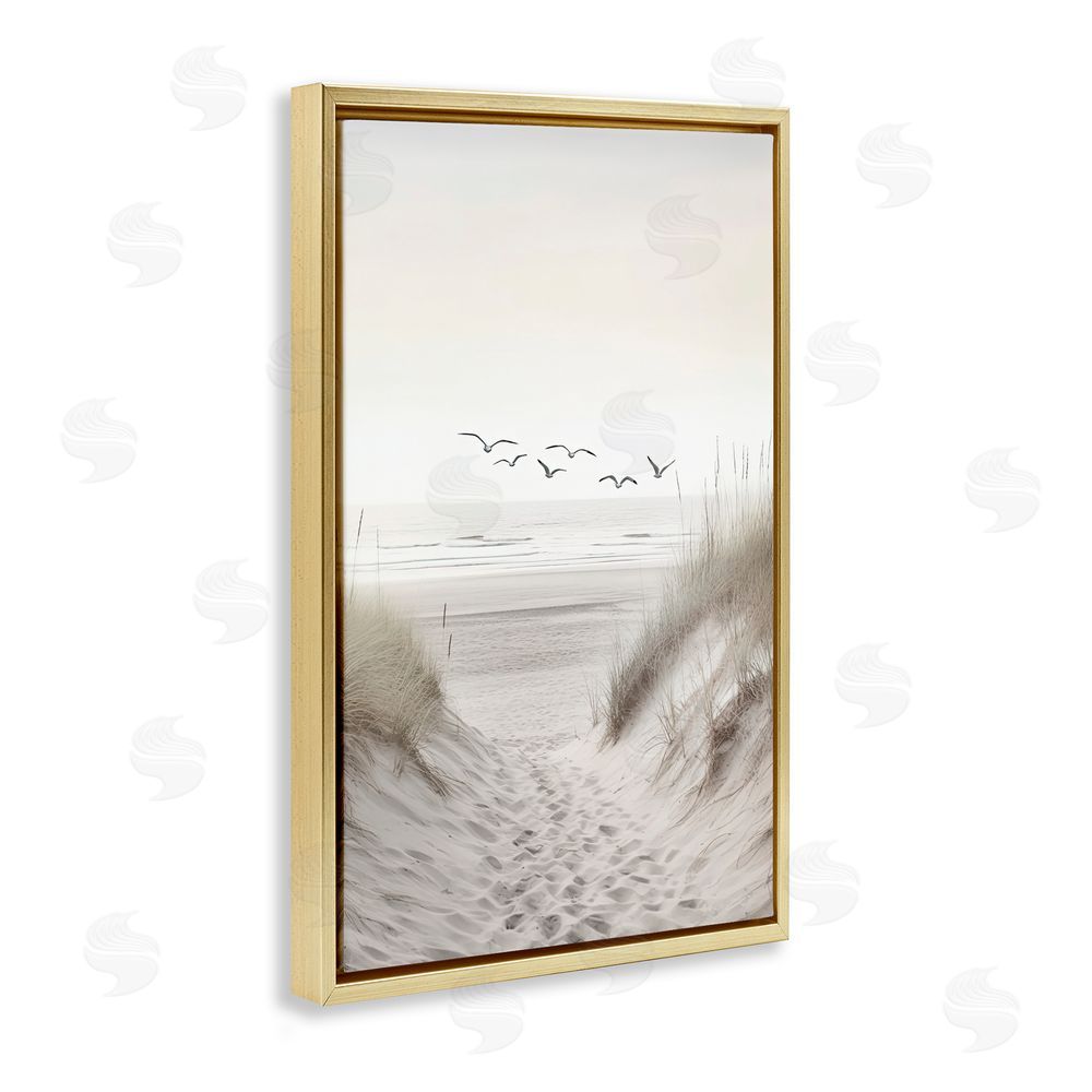 Decent Exposures Seagulls over Sandy Footprints Gold Floating Frame Canvas Wall Art Print