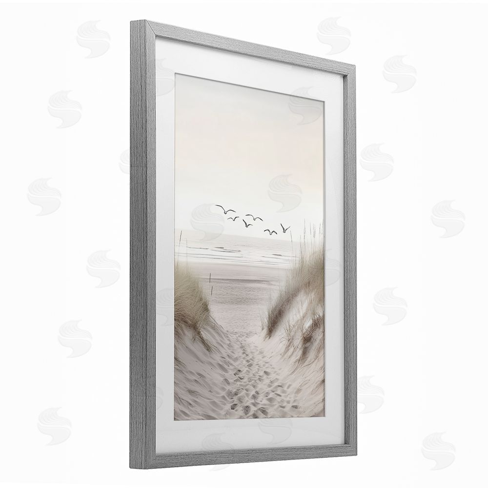 Decent Exposures Seagulls over Sandy Footprints Gray Framed Print Under Glass Wall Art
