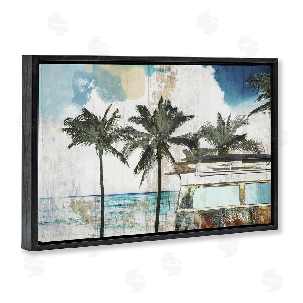 Sasha Beach Day Retro Vacation Black Floating Frame Canvas Wall Art Print