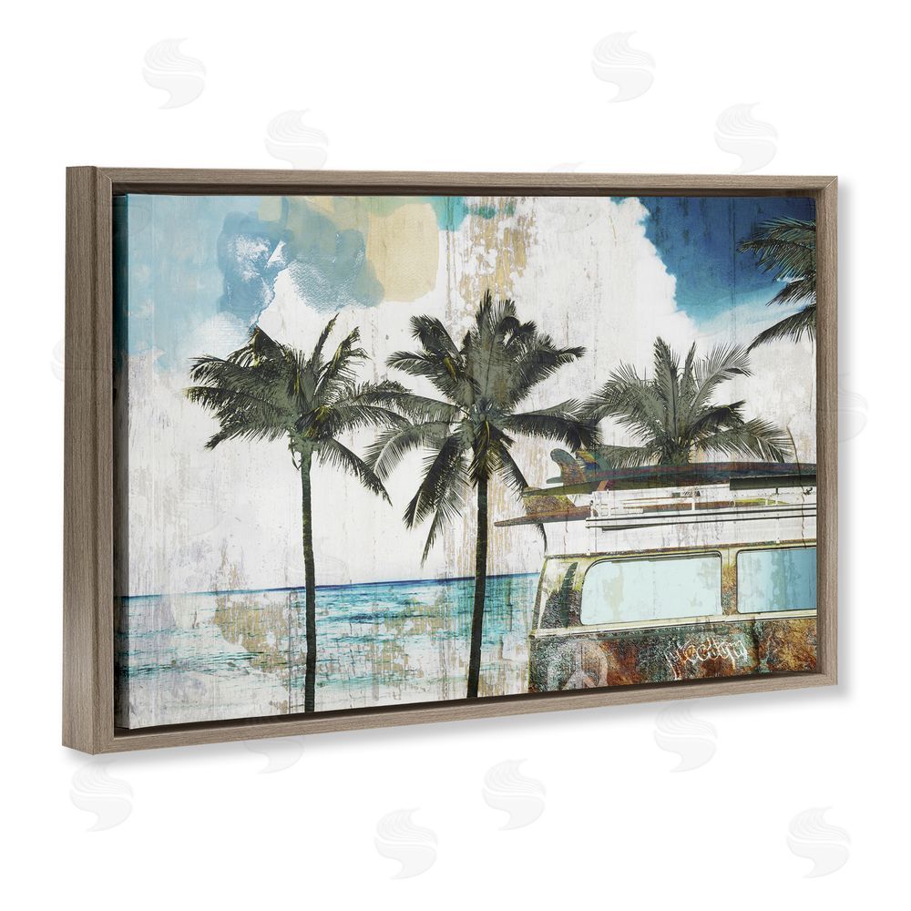 Sasha Beach Day Retro Vacation Brown Floating Frame Canvas Wall Art Print
