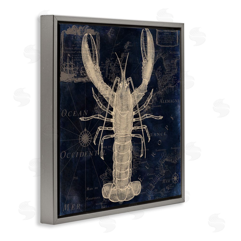 Sasha Lobster Contour over Map Gray Floating Frame Canvas Wall Art Print