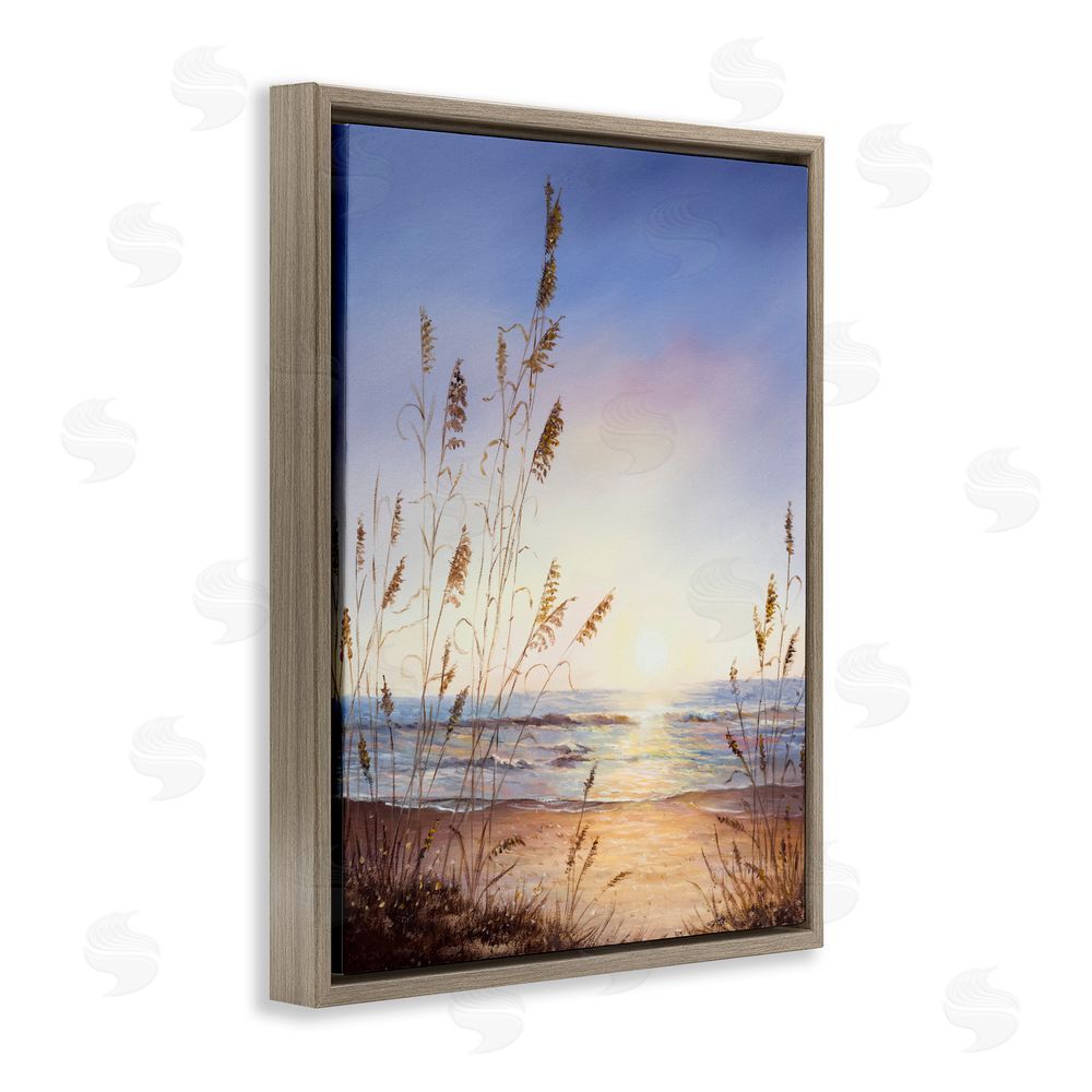 Michelle Faber Seascape with Sunlit Grasses Brown Floating Frame Canvas Wall Art Print