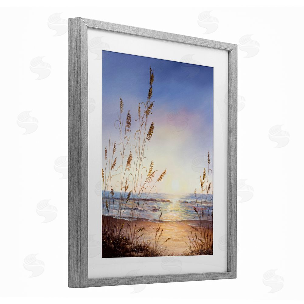 Michelle Faber Seascape with Sunlit Grasses Gray Framed Print Under Glass Wall Art