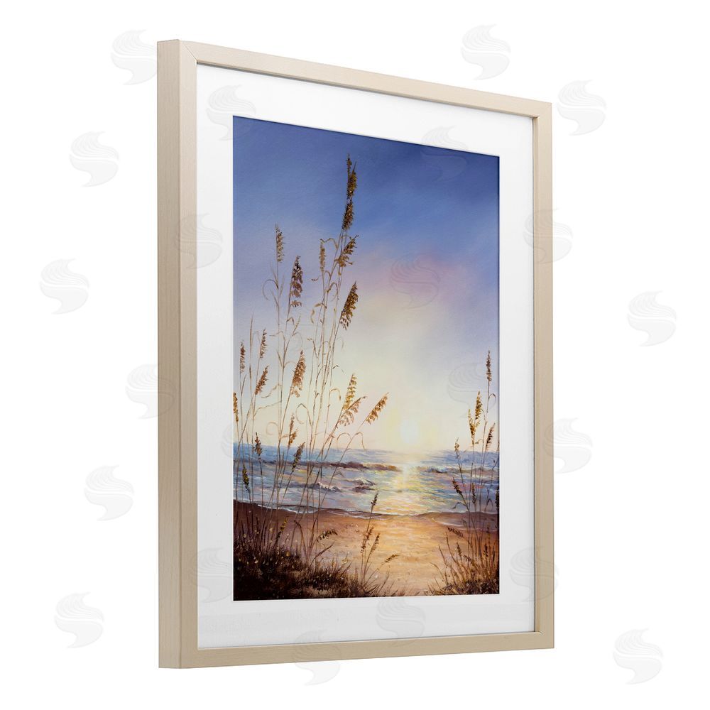 Michelle Faber Seascape with Sunlit Grasses Brown Framed Print Under Glass Wall Art