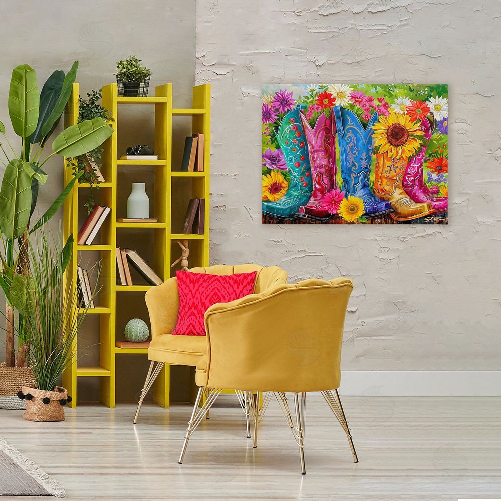 Shawna Stewart Cowboy Boots and Sunflowers Stretched Canvas Wall Art Print in Room