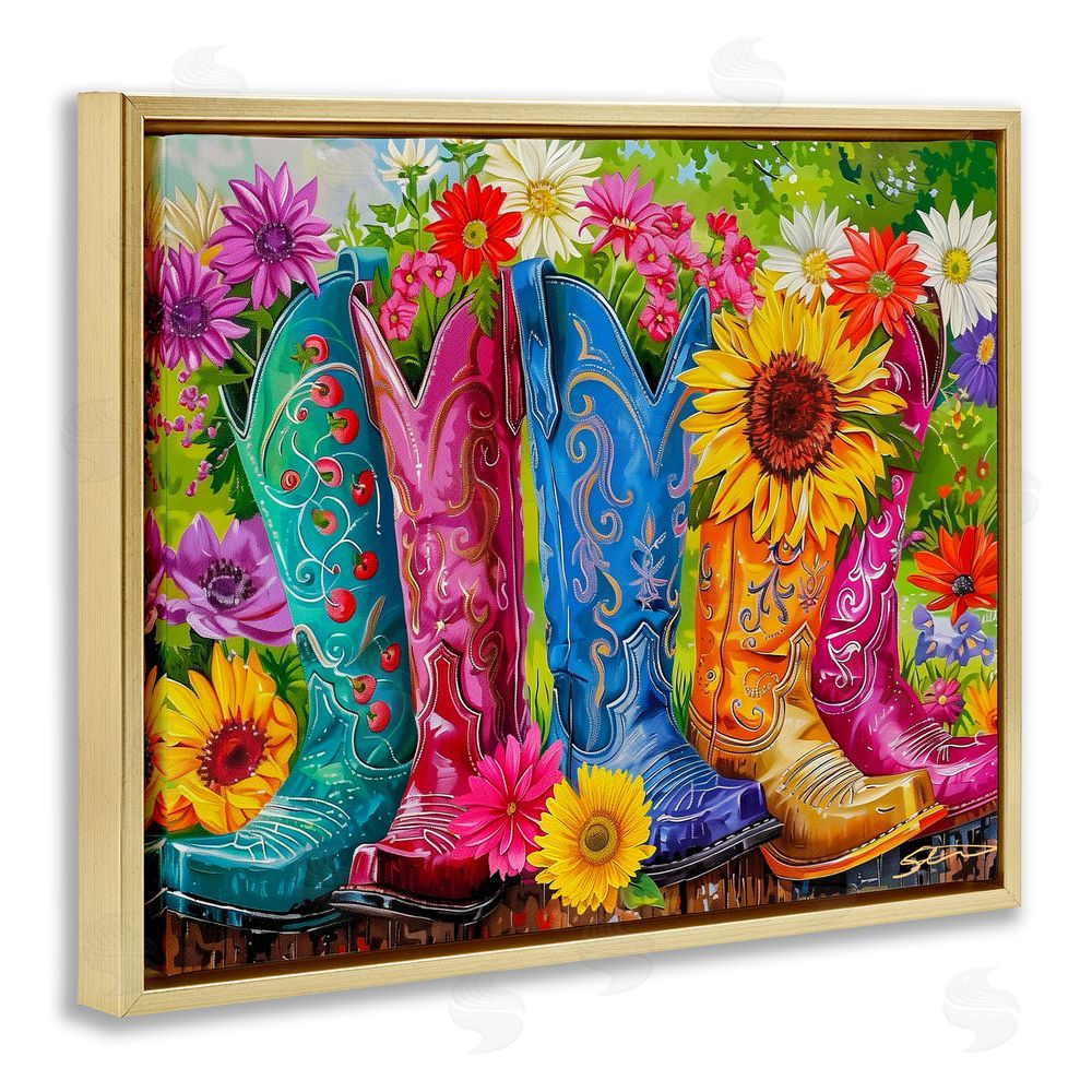 Shawna Stewart Cowboy Boots and Sunflowers Gold Floating Frame Canvas Wall Art Print