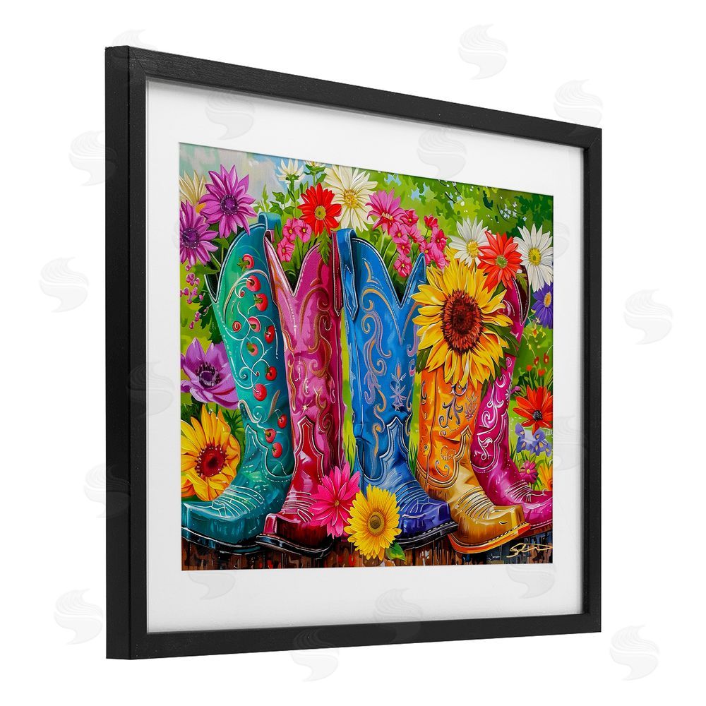 Shawna Stewart Cowboy Boots and Sunflowers Black Framed Print Under Glass Wall Art