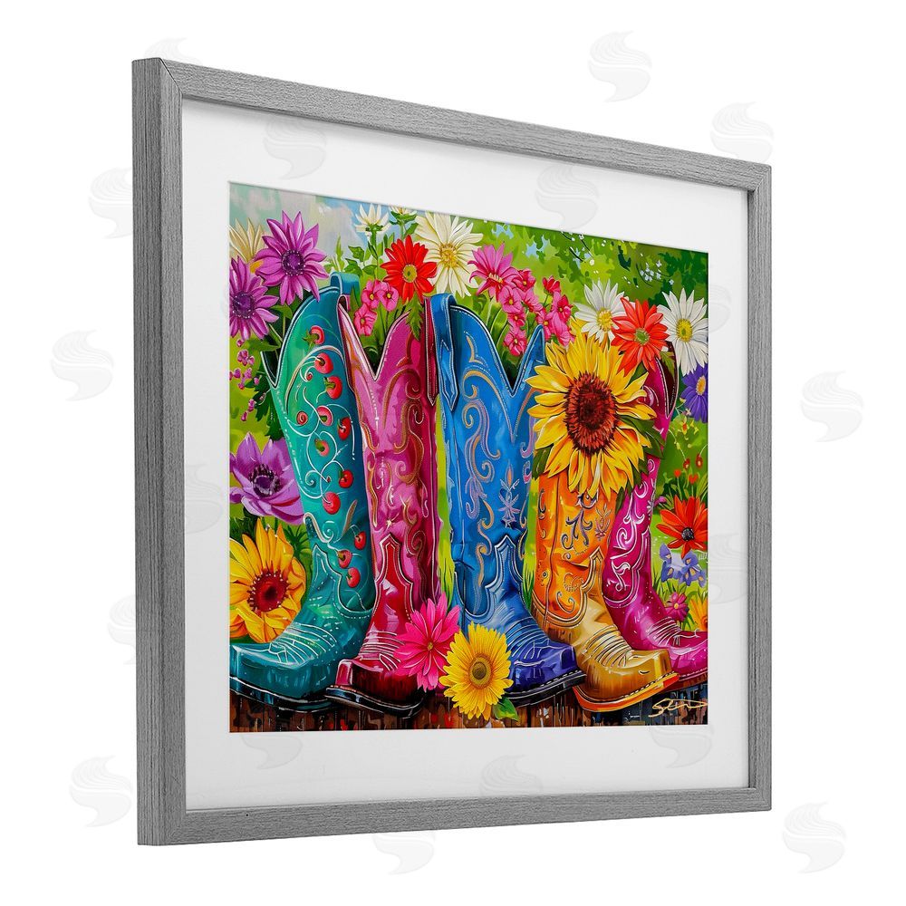 Shawna Stewart Cowboy Boots and Sunflowers Gray Framed Print Under Glass Wall Art
