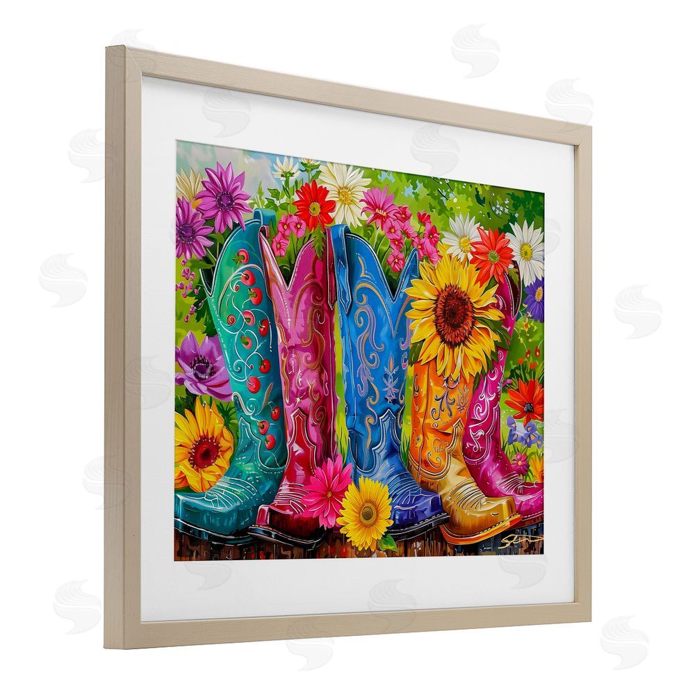 Shawna Stewart Cowboy Boots and Sunflowers Brown Framed Print Under Glass Wall Art