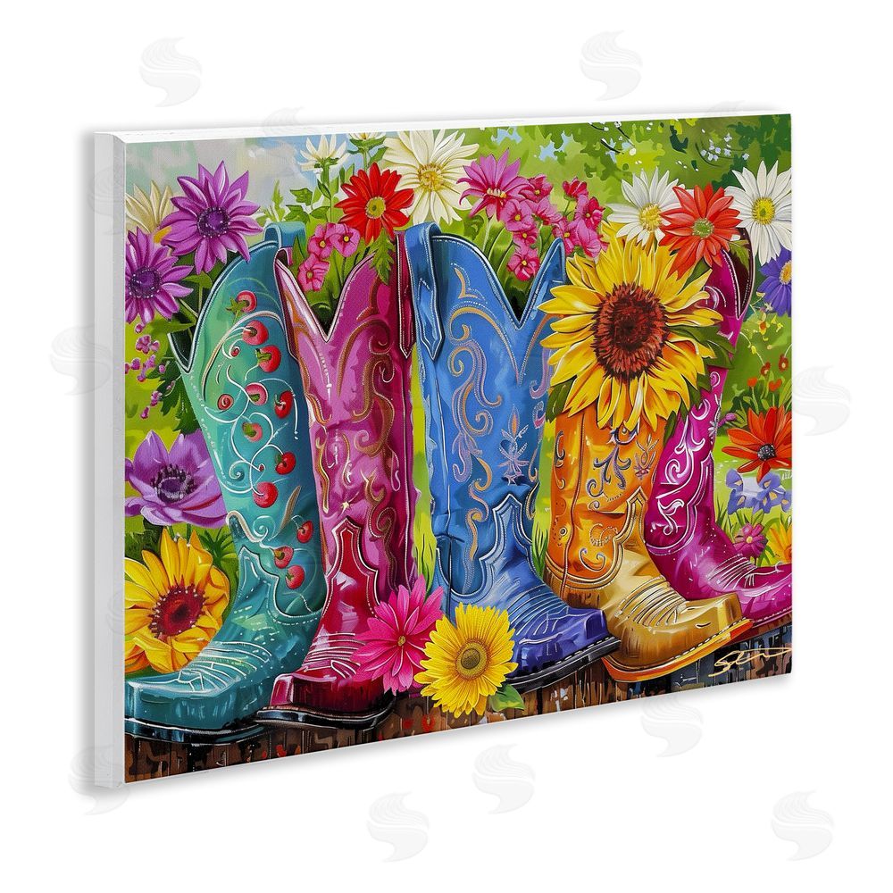 Shawna Stewart Cowboy Boots and Sunflowers Wooden Wall Plaque Art Print