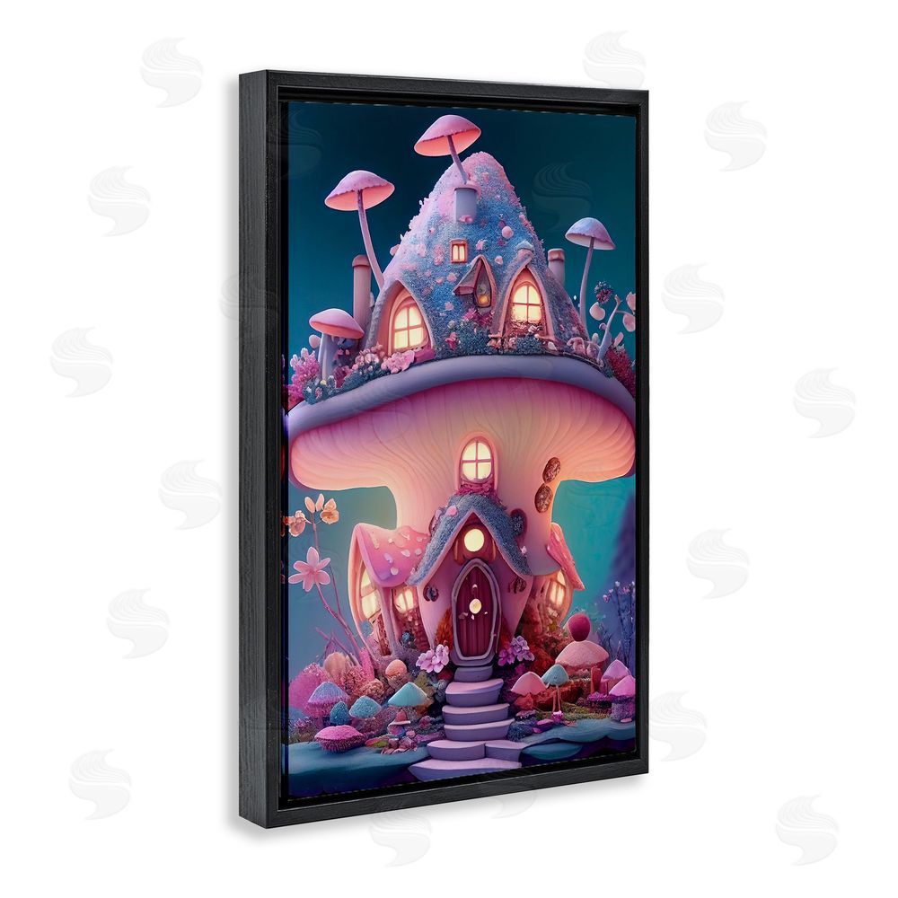 Sasha Magicville Mushroom Cottage Home Black Floating Frame Canvas Wall Art Print