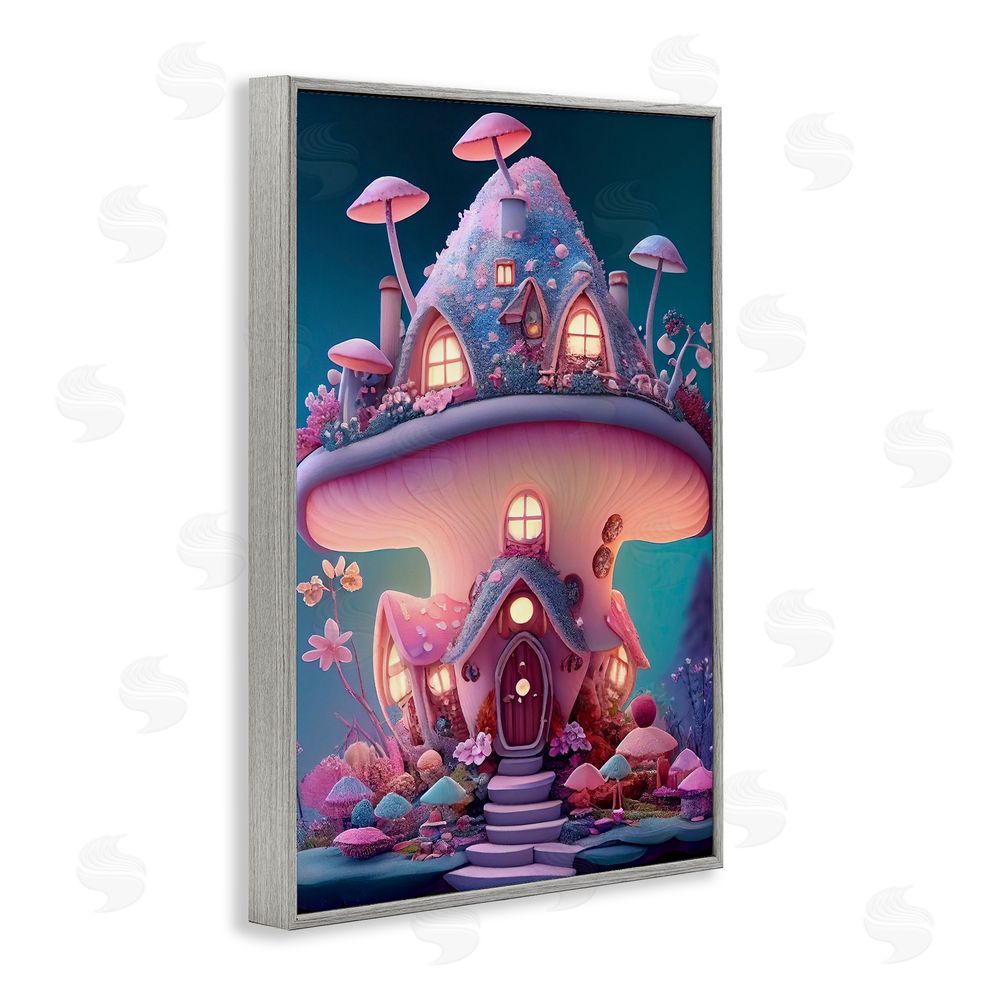 Sasha Magicville Mushroom Cottage Home Gray Framed Giclee Wall Art Print