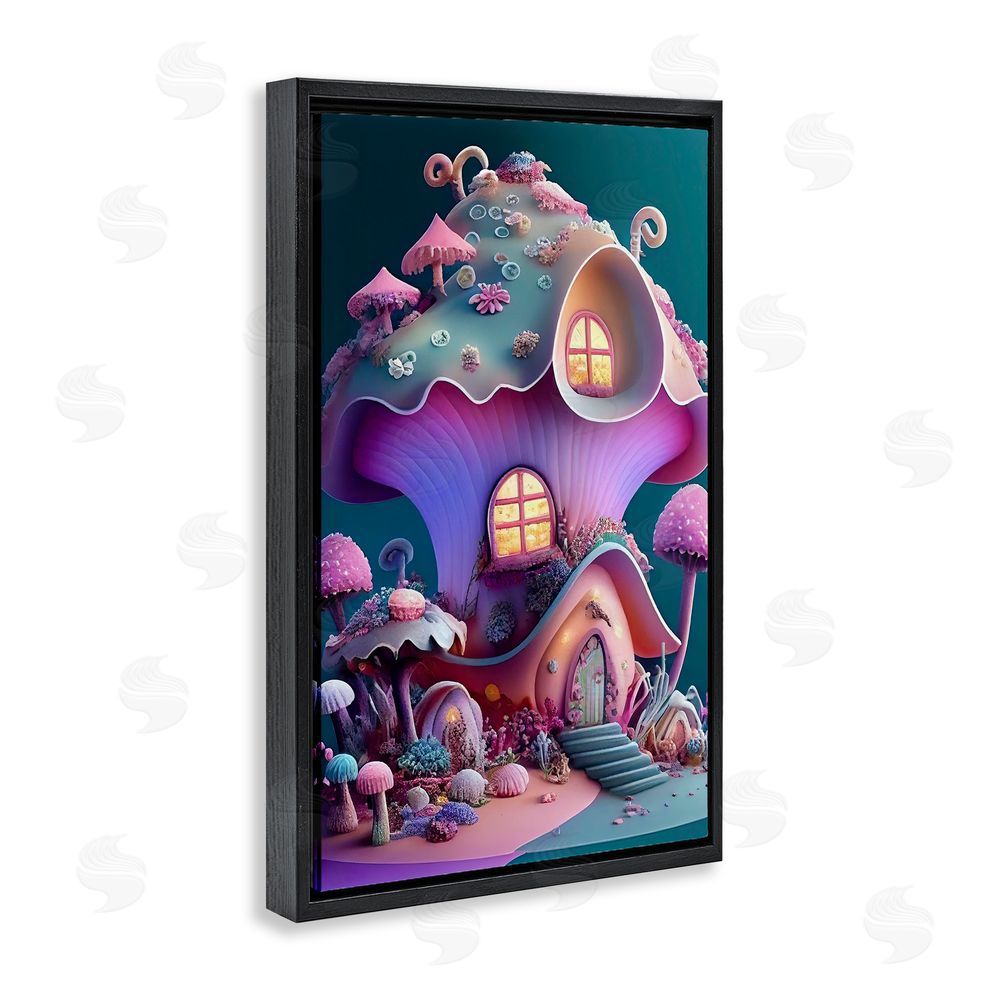 Sasha Magicville Fairytale Mushroom House Black Floating Frame Canvas Wall Art Print