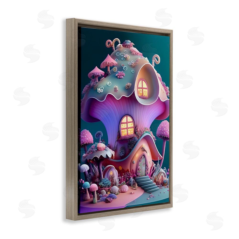 Sasha Magicville Fairytale Mushroom House Brown Floating Frame Canvas Wall Art Print