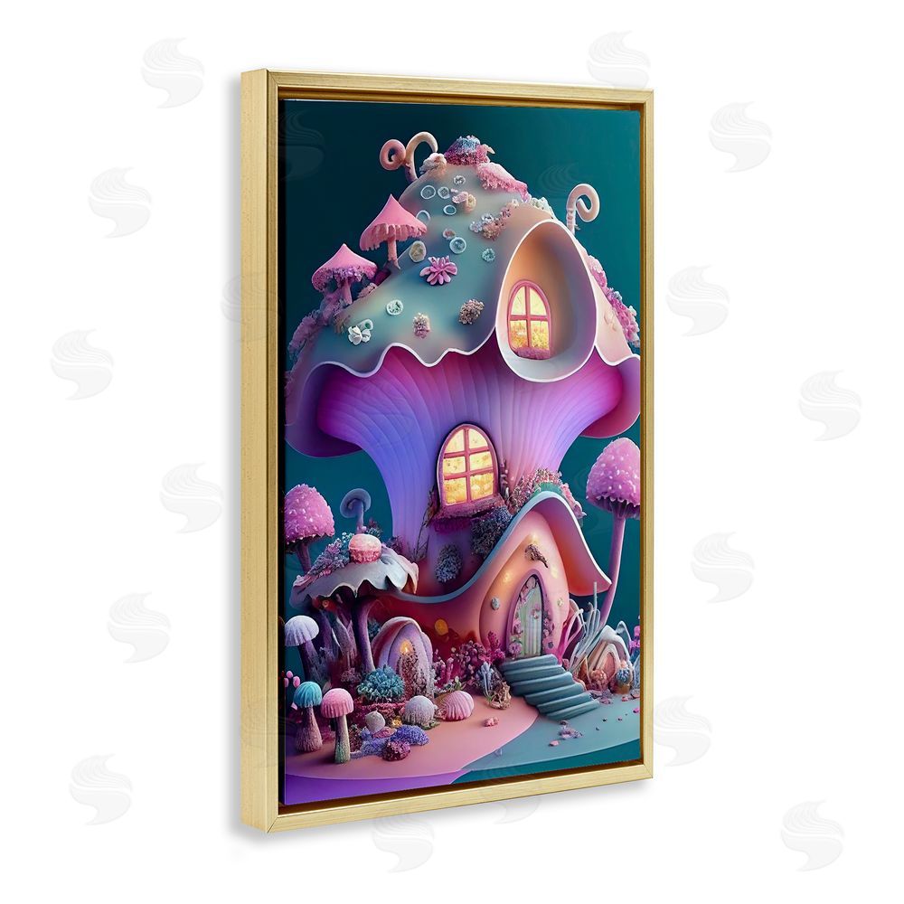Sasha Magicville Fairytale Mushroom House Gold Floating Frame Canvas Wall Art Print