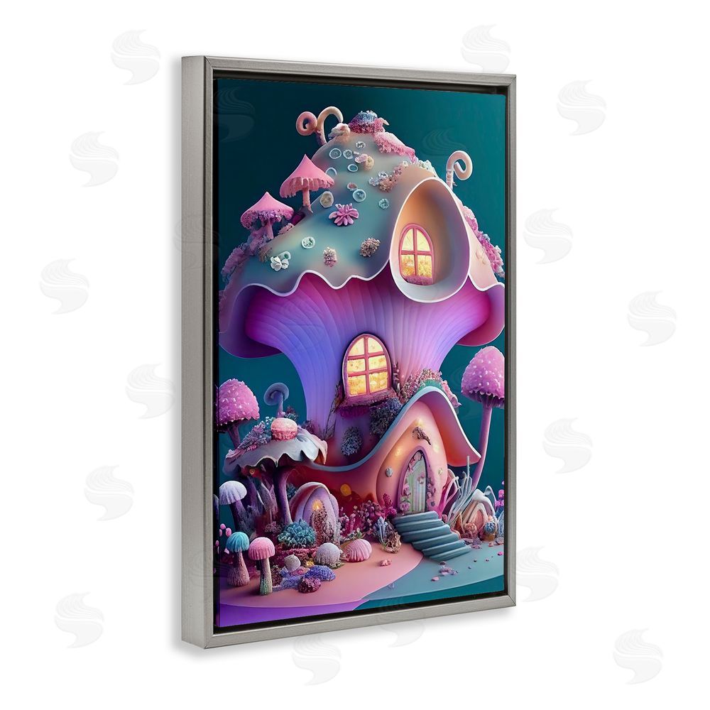 Sasha Magicville Fairytale Mushroom House Gray Floating Frame Canvas Wall Art Print