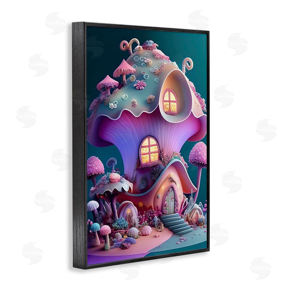 Sasha Magicville Fairytale Mushroom House Black Framed Giclee Wall Art Print