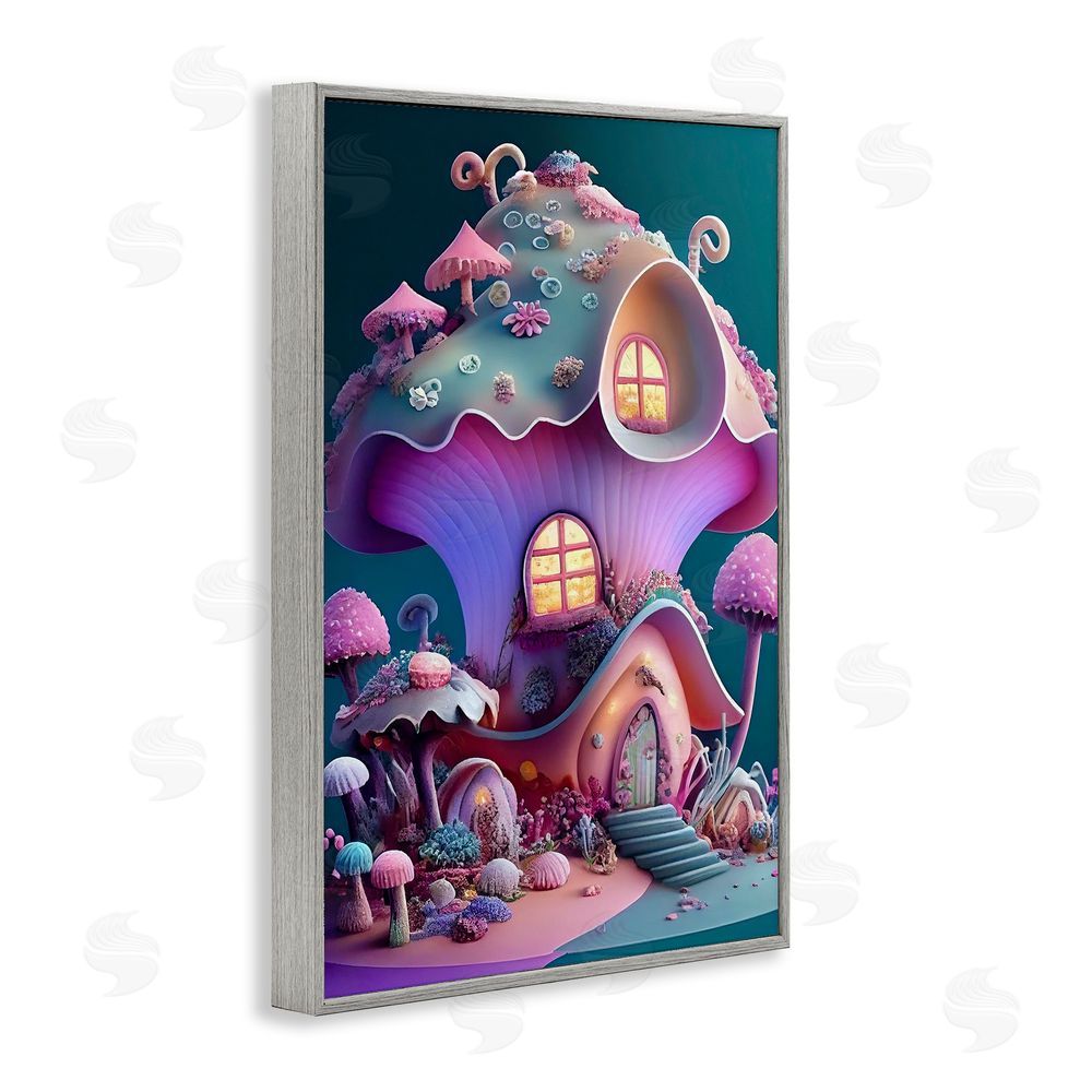 Sasha Magicville Fairytale Mushroom House Gray Framed Giclee Wall Art Print