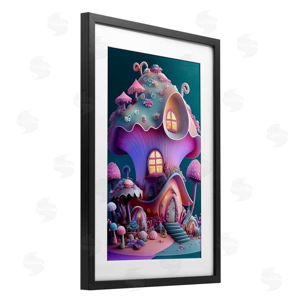 Sasha Magicville Fairytale Mushroom House Black Framed Print Under Glass with White Mat Wall Art