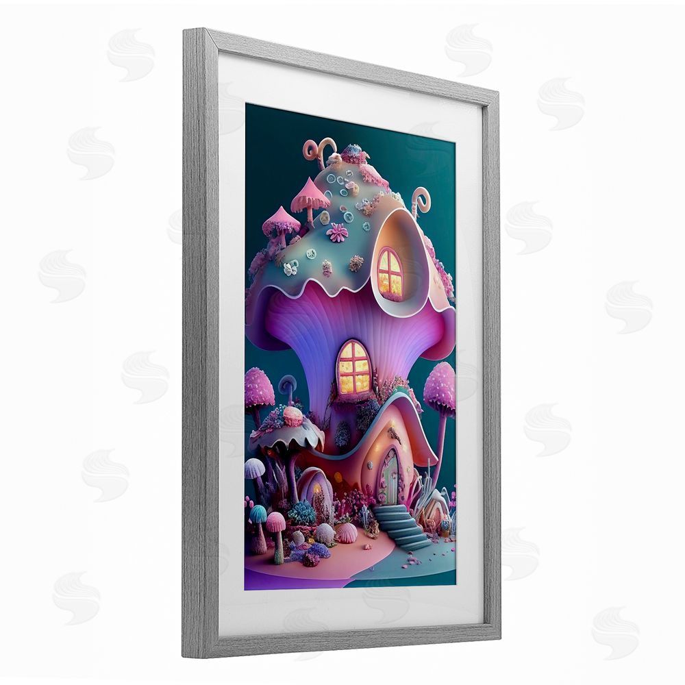 Sasha Magicville Fairytale Mushroom House Gray Framed Print Under Glass with White Mat Wall Art