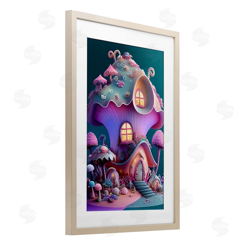 Sasha Magicville Fairytale Mushroom House Birch Framed Print Under Glass with White Mat Wall Art