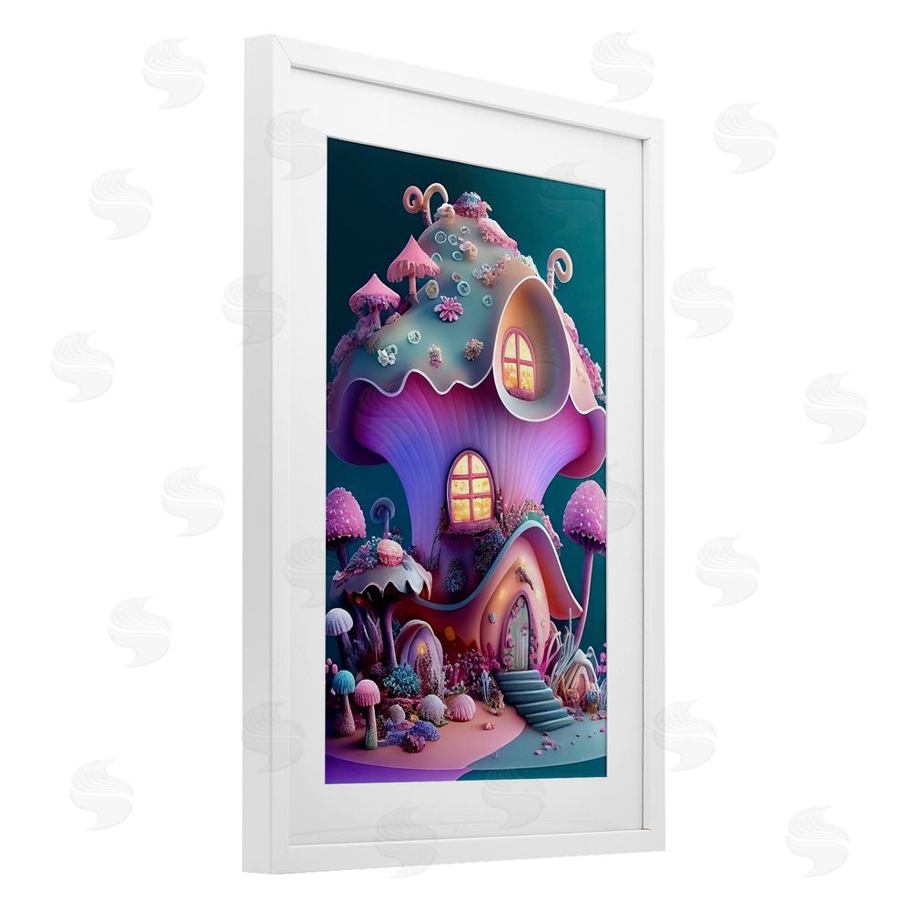 Sasha Magicville Fairytale Mushroom House White Framed Print Under Glass with Mat Wall Art