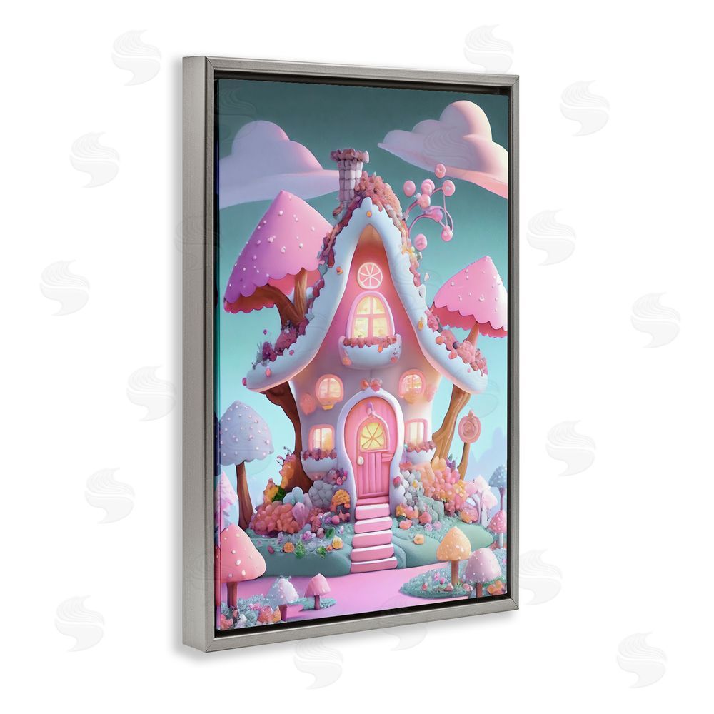Sasha Magicville Candy Mushroom House Gray Floating Frame Canvas Wall Art Print