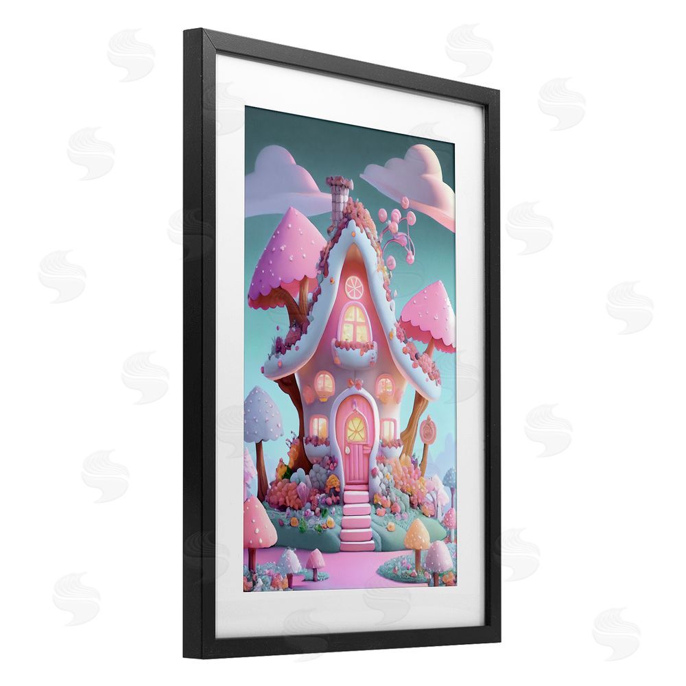 Sasha Magicville Candy Mushroom House Black Framed Print Under Glass with White Mat Wall Art
