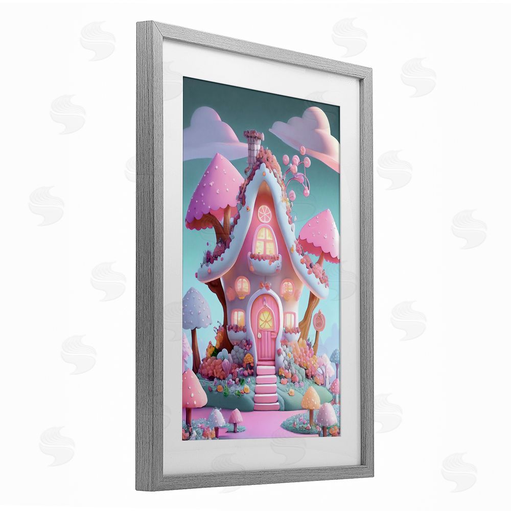 Sasha Magicville Candy Mushroom House Gray Framed Print Under Glass with White Mat Wall Art