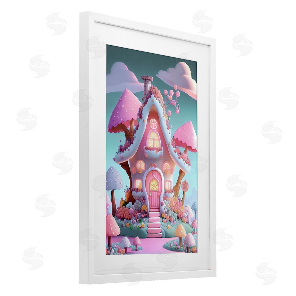 Sasha Magicville Candy Mushroom House White Framed Print Under Glass with Mat Wall Art