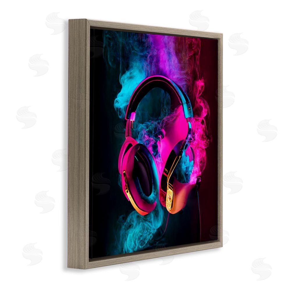 Sasha Power Play Pink & Blue Headphones Brown Floating Frame Canvas Wall Art Print