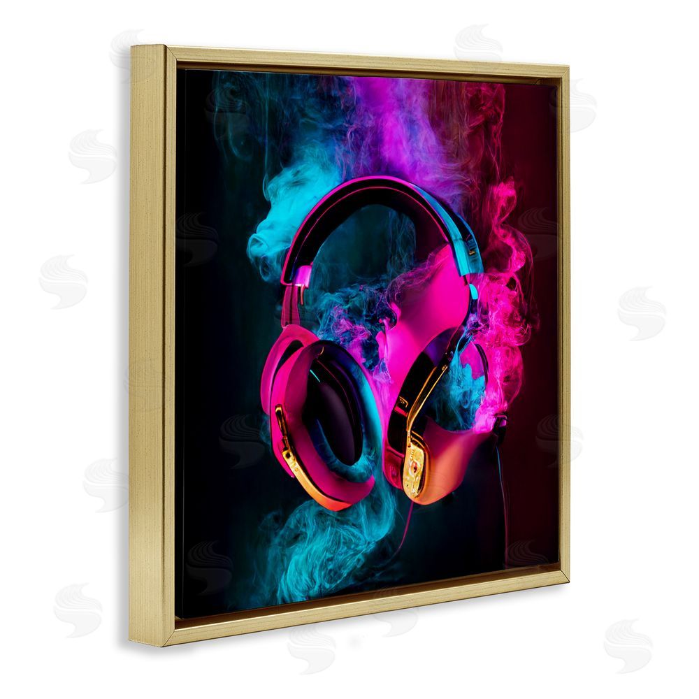 Sasha Power Play Pink & Blue Headphones Gold Floating Frame Canvas Wall Art Print
