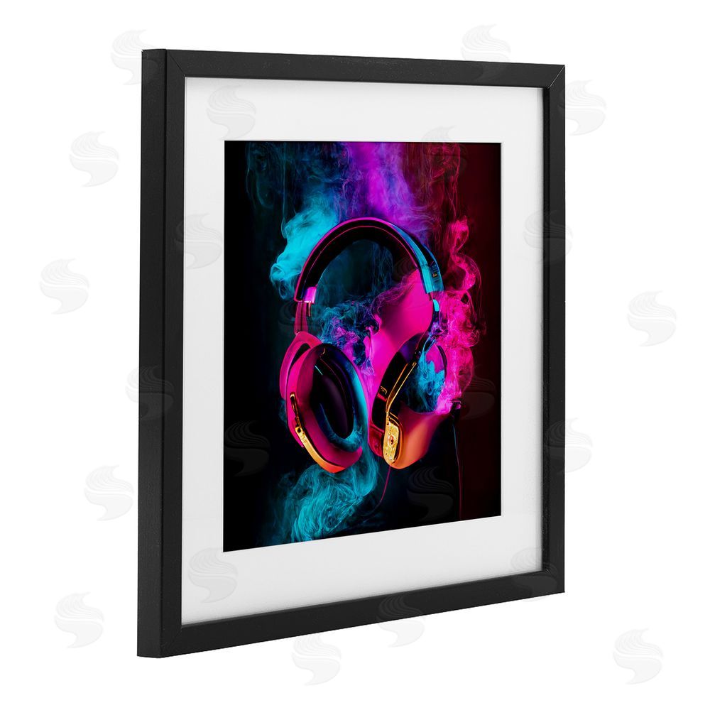 Sasha Power Play Pink & Blue Headphones Black Framed Print Under Glass Wall Art