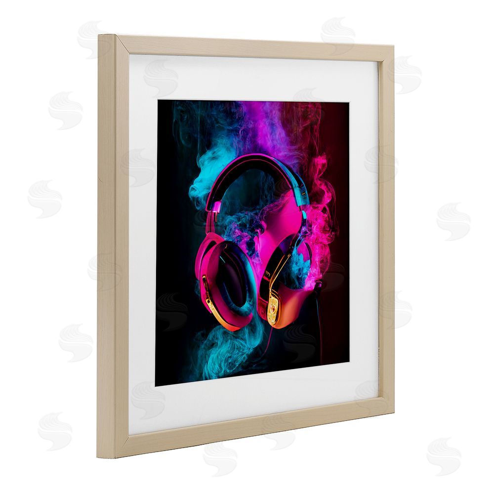 Sasha Power Play Pink & Blue Headphones Brown Framed Print Under Glass Wall Art